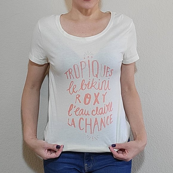 Roxy Top Medium Women's Graphic Tee Ivory White Cream Short Sleeve Cotton Shirt - Picture 6 of 6